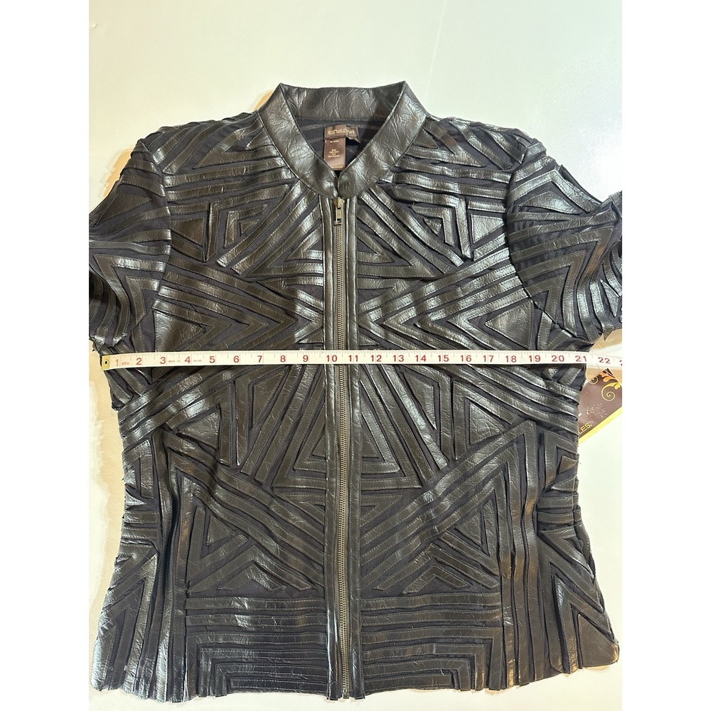 Multiples Faux Leather Geometric Pattern Zip Fron… - image 5